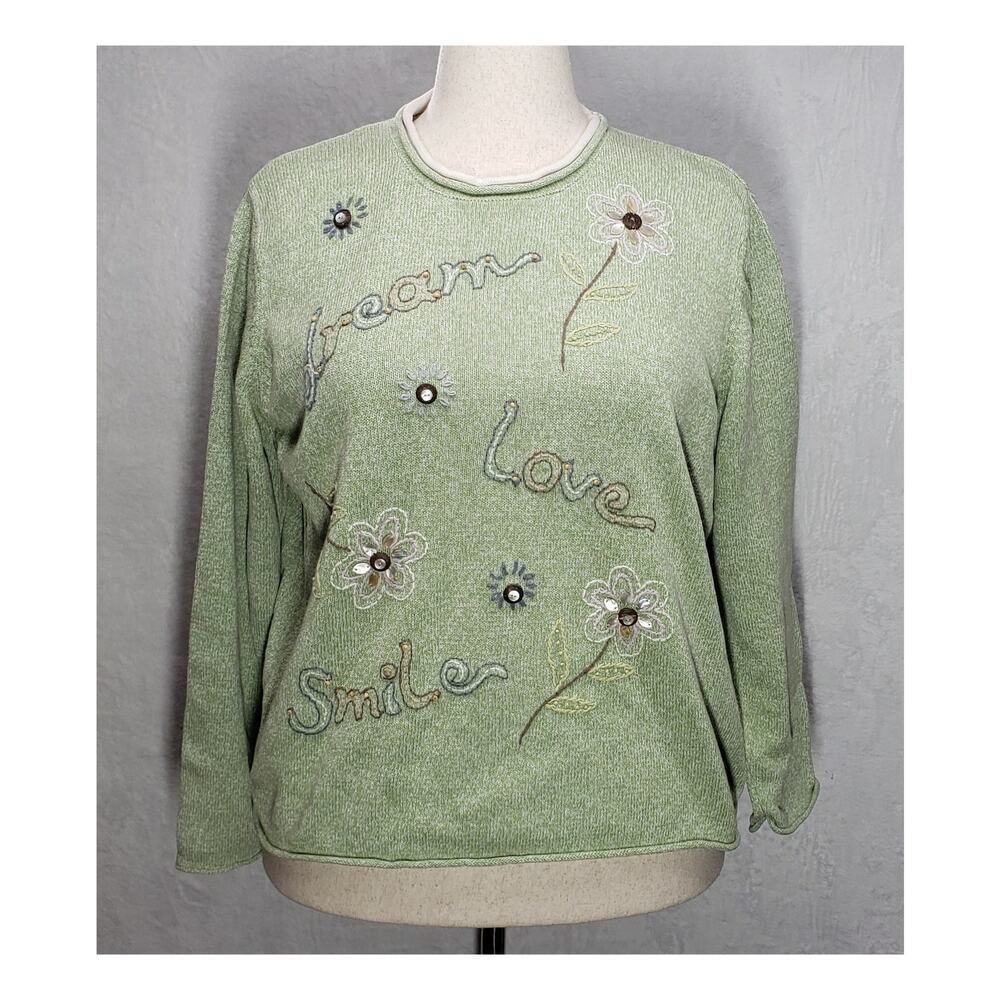 Alfred Dunner Vintage Floral Embroidered Sweater Womens L Green Cottagecore Knit